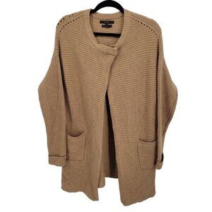 Tahari Womens large brown Merino wool long line cardigan sweater one button